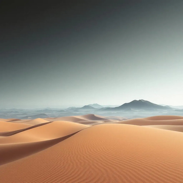 Minimalist Sahara horizon split seamlessly between raw sand texture and smooth digital surface, no …