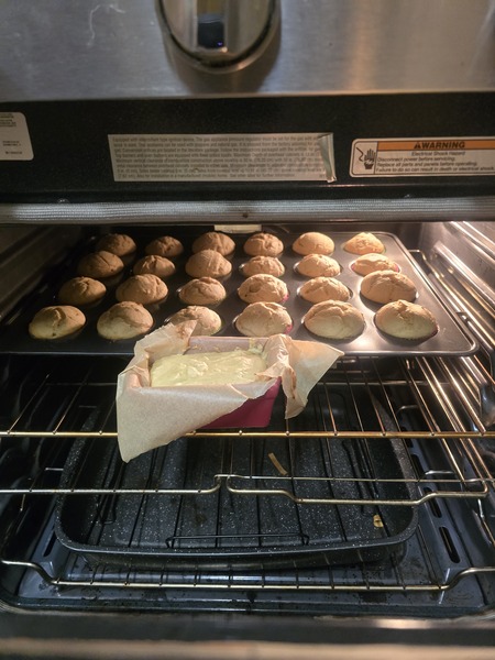 Kpdad home made banana muffins!  Big hit, big batch!  Leftover loaf.  Little straggler!