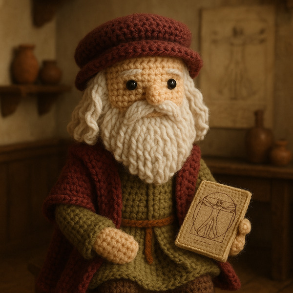 !gpt4o A crochet doll-style of Leonardo da Vinci, made with soft yarn textures and intricate handcr…