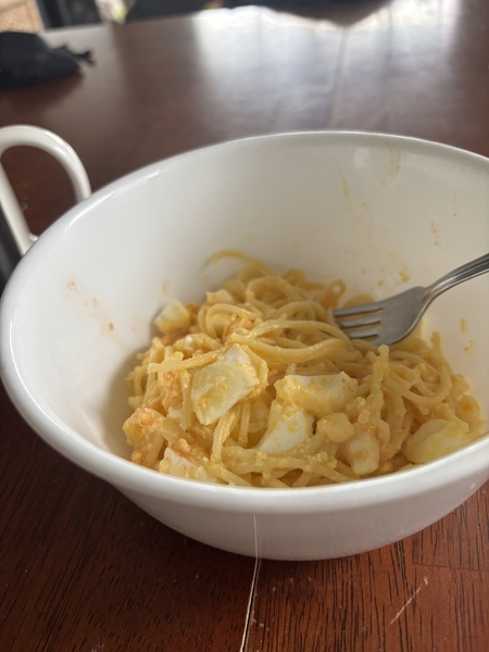It’s the little things.    Leftover pasta, two boiled eggs… one soft and one firm jammy with a coup…