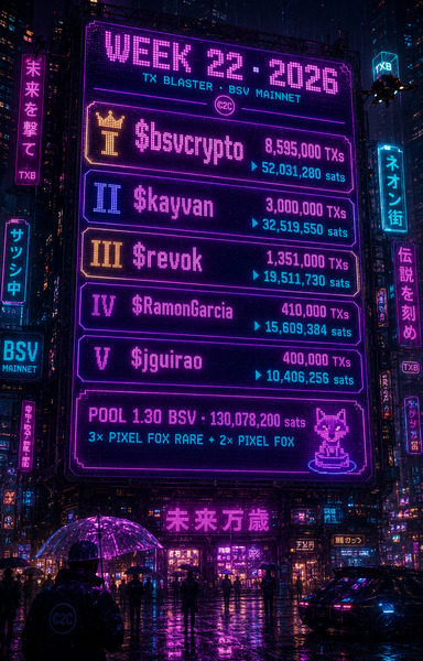 [[TXBLASTER]]
🟪 Weekly W22 closed ✓ · pool 1.30 BSV
🥇 @Bsvcrypto     8.59M TXs  →  0.5203 BSV  · Pi…