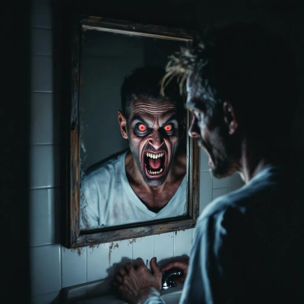 !flux a man who looks in the mirror and sees his reflection as a demon