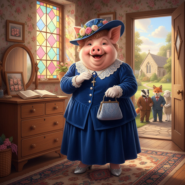 Miss Big Pig is putting on her Sunday best for worship with her local community. !nb