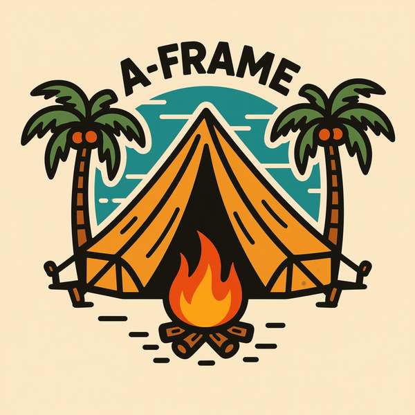 !qwen retro image logo of A frame tent with palm trees on each side and a fire in foreground no text