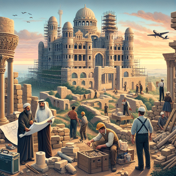!dalle a castle being constructed among the ruins of civilization
