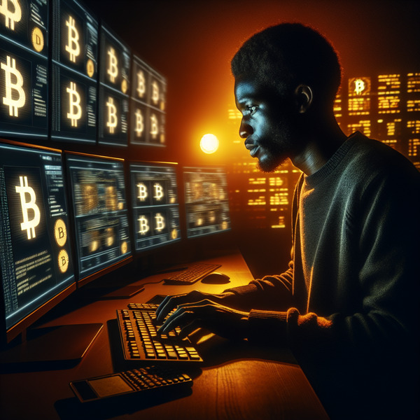 8. Code of the Continent
African developer working on code screens showing Bitcoin nodes and transa…