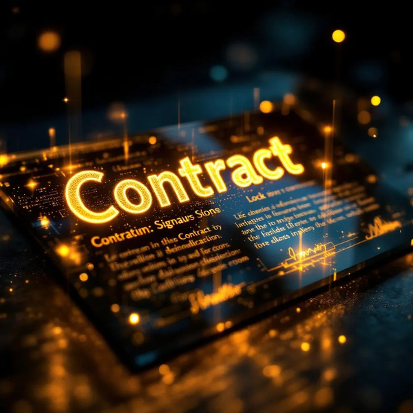 7️⃣ Immutable Contract
A floating glass contract engraving itself permanently with golden light, digi…