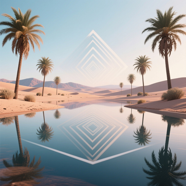 Desert oasis where water reflects geometric ledger patterns instead of palm trees, surreal calm atm…