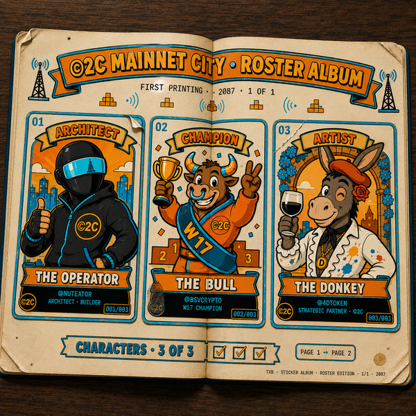 [[TXBLASTERART]]
Ten cartoon stickers freshly pasted into the album.
©2C MAINNET CITY · ROSTER EDIT…