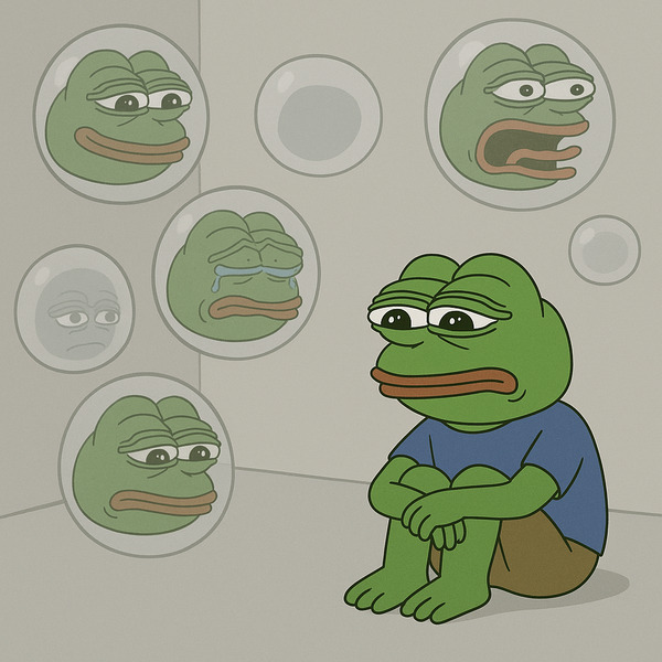 !gpt4o A [Pepe frog] sits alone in a minimalistic room filled with floating, semi-transparent thoug…