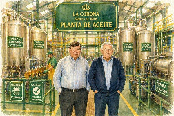 TÍTULO: “LOS TITANES DE LA VENTA”
VIÑETA 1
(Fábrica de aceite en plena operación. Máquinas, tanques…