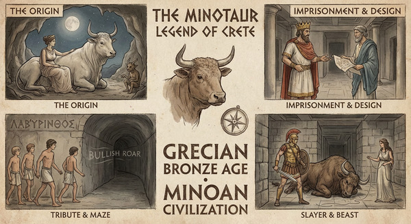 The Minotaur legend originates from ancient Greek mythology centered on Bronze Age Crete (Minoan ci…