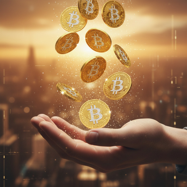 !nb Create me BITS of sparkly bitcoins falling beautifully into a palm