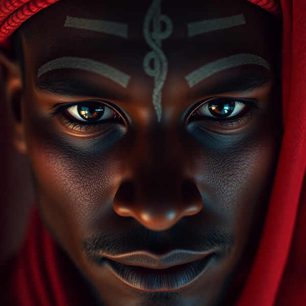 Close-up portrait of a Saharan man with traditional markings subtly forming hash patterns, eyes ref…