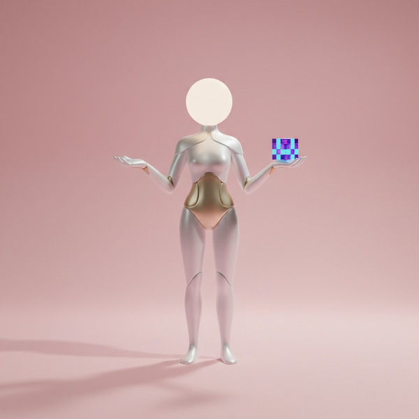 6. Genesis Relic Bearer
Minimalist 3D pixel statue holding a small glowing voxel cube, faceless hea…