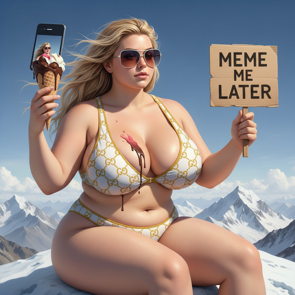 Sex goddess Miss big pig takes a selfie while eating icecream in her Gucci  Bikini that barely cove…