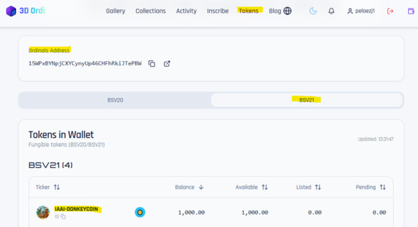 Received Thank you.!
You can also view the BSV20 and BSV21 tokens that are in your connected wallet…
