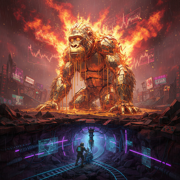 !nb A giant golden ape statue melting under hot market flames while a small BSV miner quietly build…