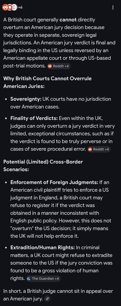 A UK court cannot overthrow an American jury decision,  which proves the Uk highcourt has no jurisd…