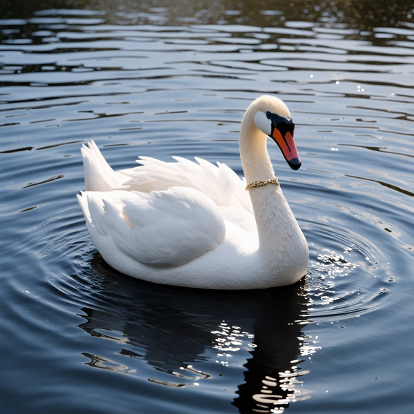 !sd3 Graceful 3D swan with a gold necklace engraved “BSV,” gliding across a glassy lake in a soft d…