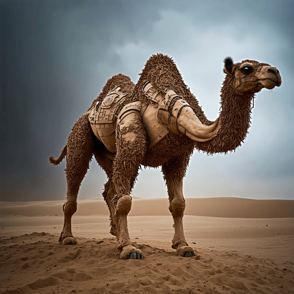A futuristic camel sculpted from sand and light, glowing eyes with cryptographic symbols, frozen mi…