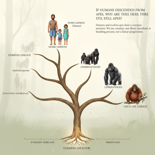 !nb If humans are supposed to have descended from apes, why are there still apes in the world? !AI_…