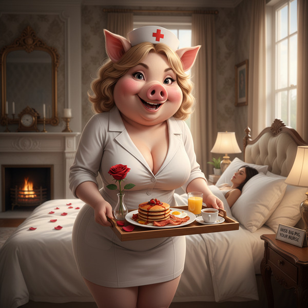 Miss Big Pig will be your sexy nurse, serving you breakfast in bed. !nb