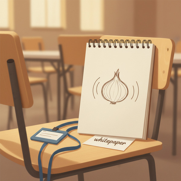 !nb A quiet conference scene: a notebook on a chair, a program badge lanyard, and an onion icon ske…