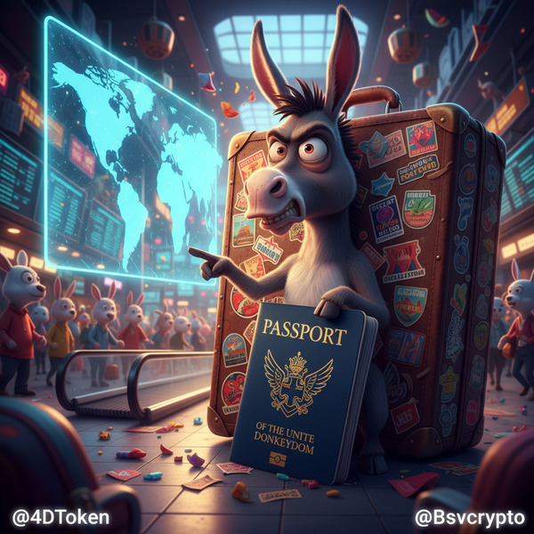 Donkey Coming to America 
!nb  A goofy donkey with a giant suitcase covered in travel stickers, dra…