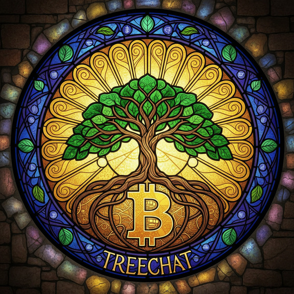 !nb treechat stained glass of a green tree surrounded by a golden dome and a upright bitcoin