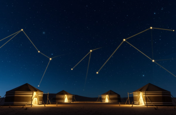 Night desert scene with nomad tents illuminated by floating golden nodes, invisible connections for…