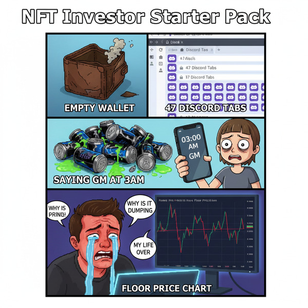 !nb “NFT Investor Starter Pack” A meme collage featuring:
empty wallet
47 Discord tabs
energy drink…
