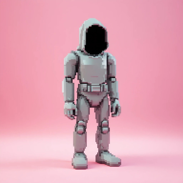 1. The Genesis Stand
A single iconic 3D minimalist pixel statue standing upright, faceless and hood…