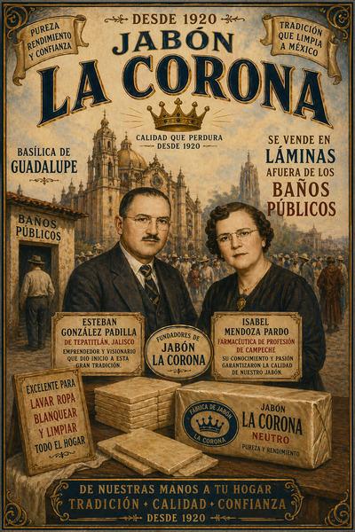 🧼 COMIC – EL NACIMIENTO DE JABÓN LA CORONA 🧼
Viñeta 1
Exterior, años 1920. Afuera de los baños públ…