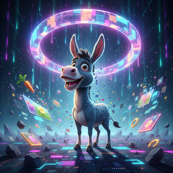 Happy Until the Glitch
!nb A smiling cartoon donkey in a digital world suddenly experiencing realit…