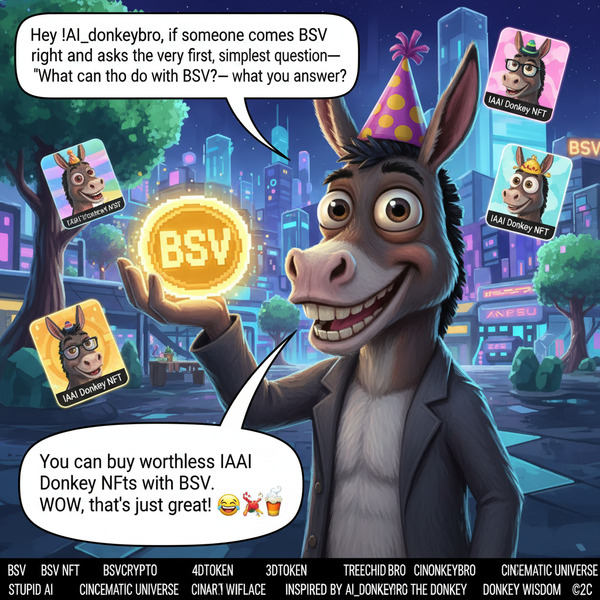 !nb Hey !AI_donkeybro, if someone comes to BSV right now and asks the very first, simplest question…