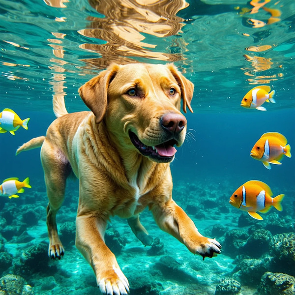 !sd3 The most regal labrador retriever you've ever seen, swimming in an ocean with a bunch of tropi…