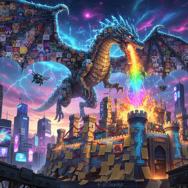 Meme Dragon vs Authority Castle
!nb A gigantic pixel dragon formed from thousands of memes breathin…