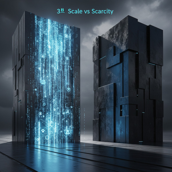 3️⃣ Scale vs Scarcity
Two towering mirrored structures facing each other; one side composed of infini…