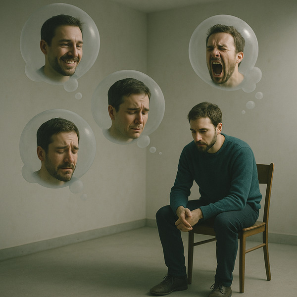 !gpt4o A [man] sits alone in a minimalistic room filled with floating, semi-transparent thought bub…