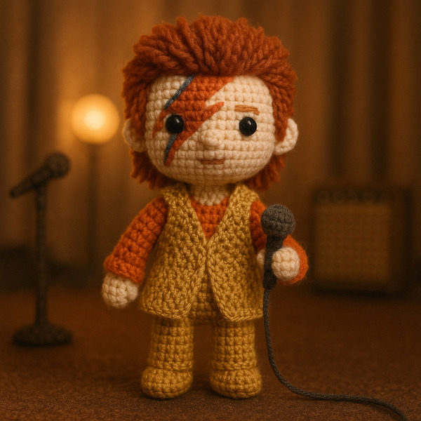 !gpt4o A crochet doll-style of David Bowie, made with soft yarn textures and intricate handcrafted …