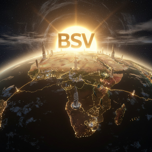 1️⃣ The First Light
A glowing BSV symbol rising above the African continent like a radiant sun, golde…