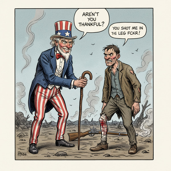 !nb  Uncle sam giving man a cane while saying “aren’t you thankful?” While the man says “you shot m…