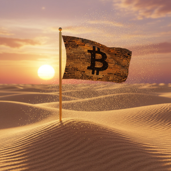 Bitcoin Flag in the Desert of Gold
!nb A luxurious Bitcoin flag waving atop a golden sand dune, end…