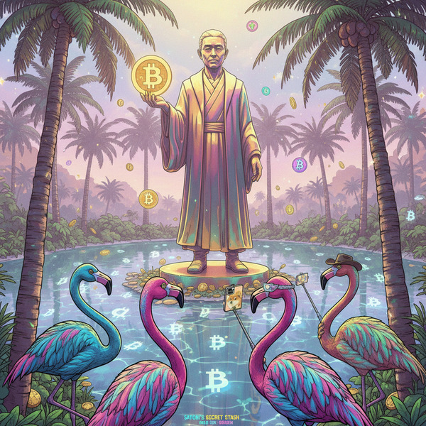 The Secret Bitcoin Oasis
!nb A group of colorful flamingos taking selfies around a shining Satoshi …