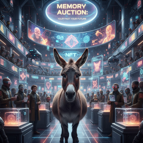 The Identity Auction
!nb A donkey standing in a futuristic auction hall where memories are sold as …