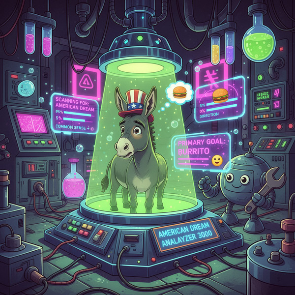 The Dream Detector Machine
!nb A futuristic machine scanning a donkey for traces of the "American D…