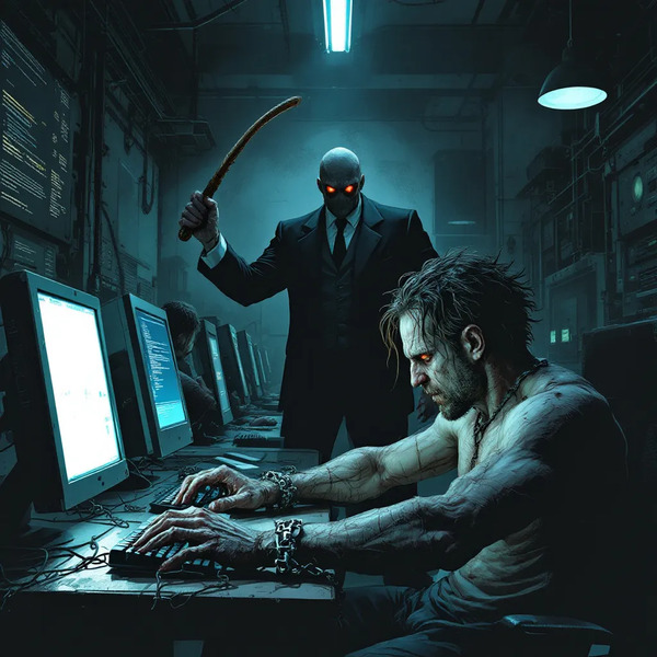 nerdy but jacked overworked software developers in dragging computers chained to them, overseer sta…
