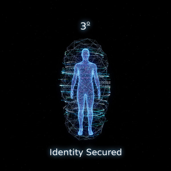 3️⃣ Identity Secured
A human silhouette made of light, wrapped in a transparent shield of blockchain …
