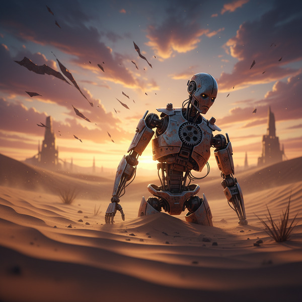 The Last Machine
A single deactivated AI robot standing in a desert at sunset, half buried in sand,…